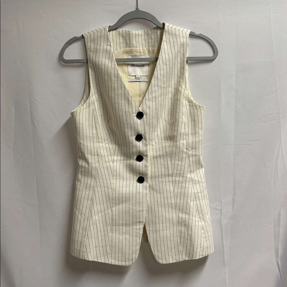 Madewell Cutaway Vest in Pinstripe Linen Blend Cream/Black Size 2 - Picture 3 of 7
